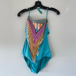 Trina Turk Teal Aztec Print One Piece Bathing Suit Size 10